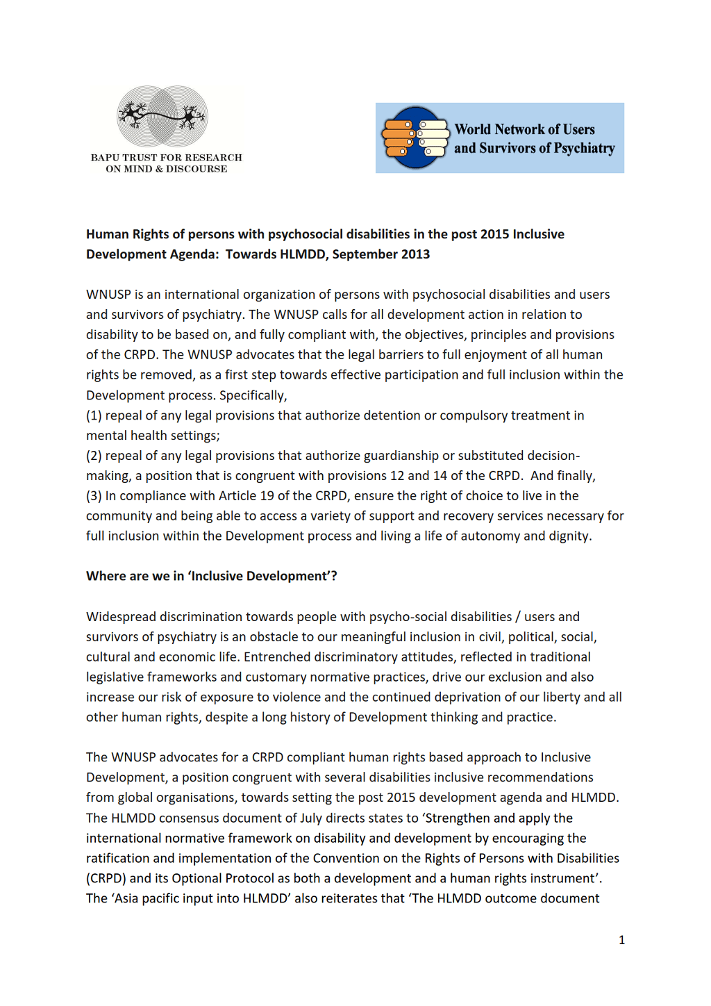 Human Rights of persons with psychosocial disabilities in the post 2015 Inclusive Development Agenda: Towards HLMDD, September 2013