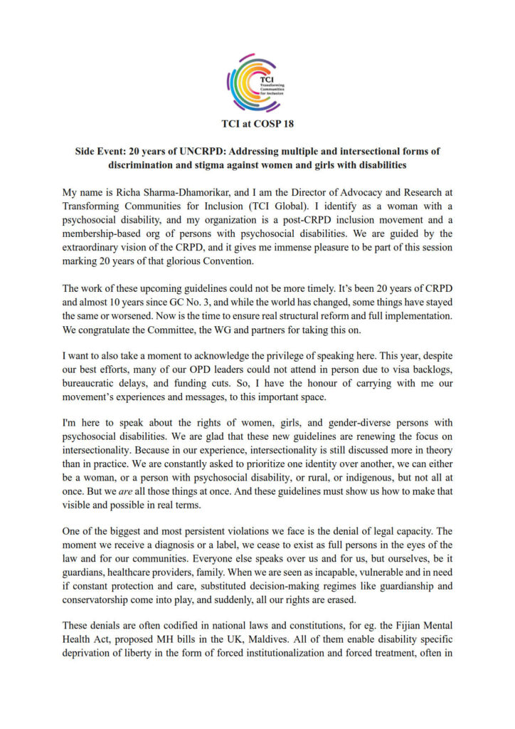 Richa's Statement (CoSP 18) - 20 Years of the UNCRPD
