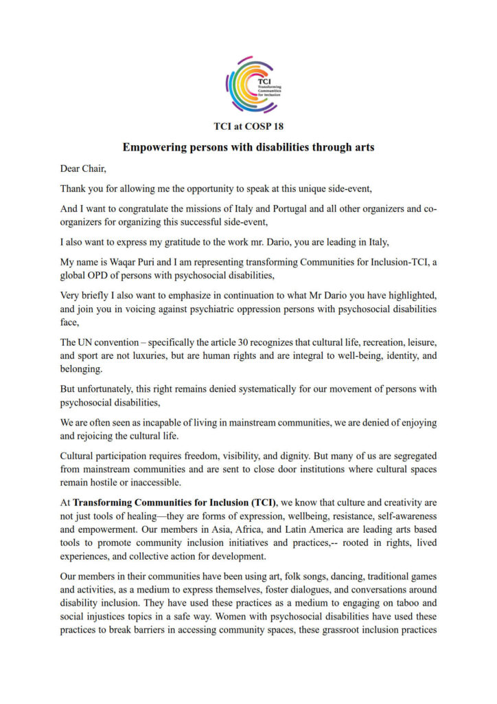 Waqar's Statement - Empowering Persons with Disabilities Through Arts