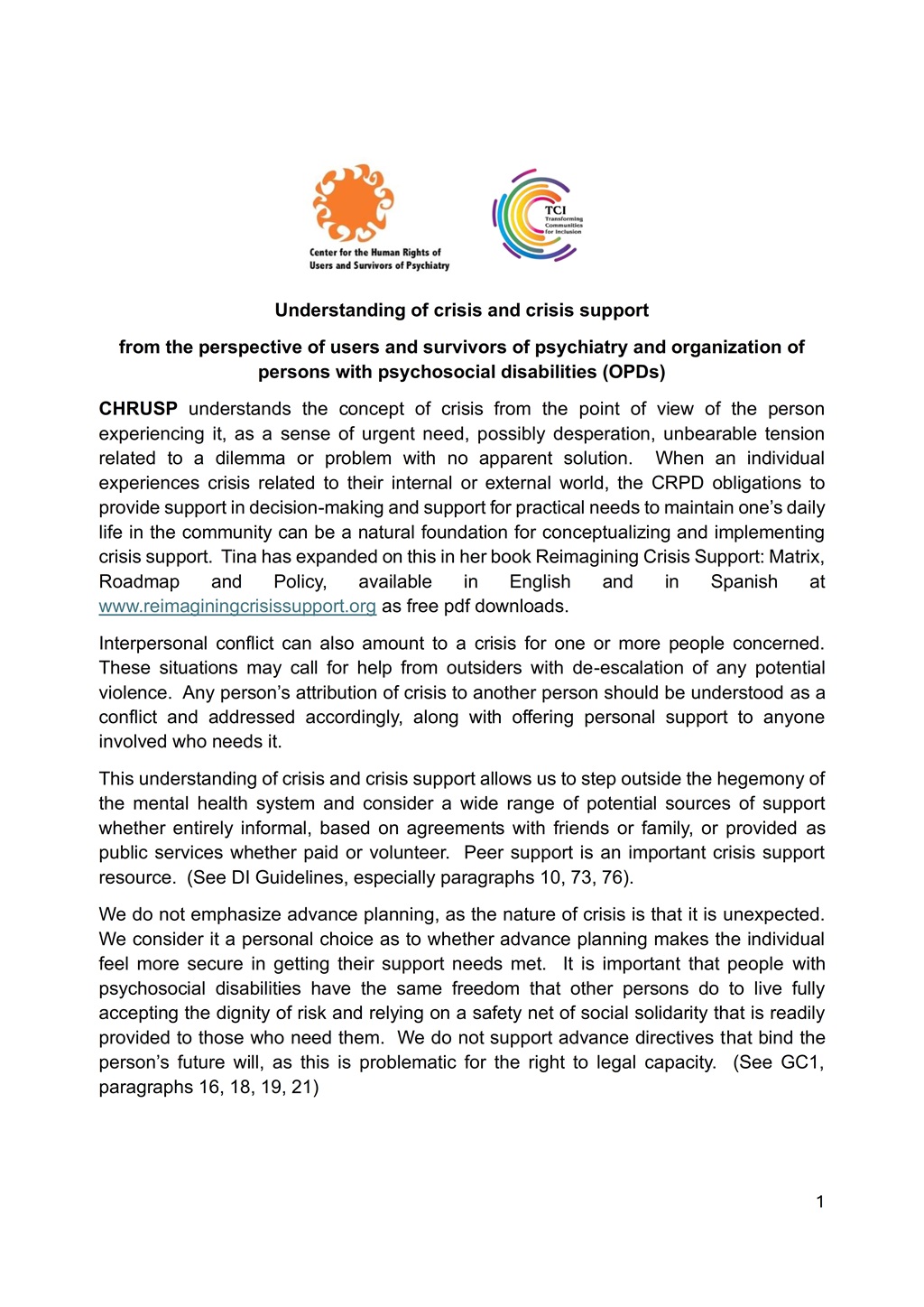 Understanding of Crisis and Crisis Support CHRUSP & TCI - Cover Page