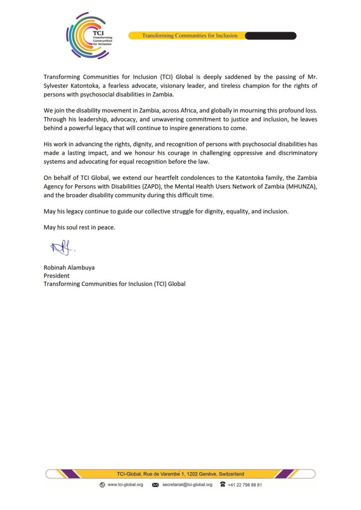 Condolence Letter - Sylvester Katontoka