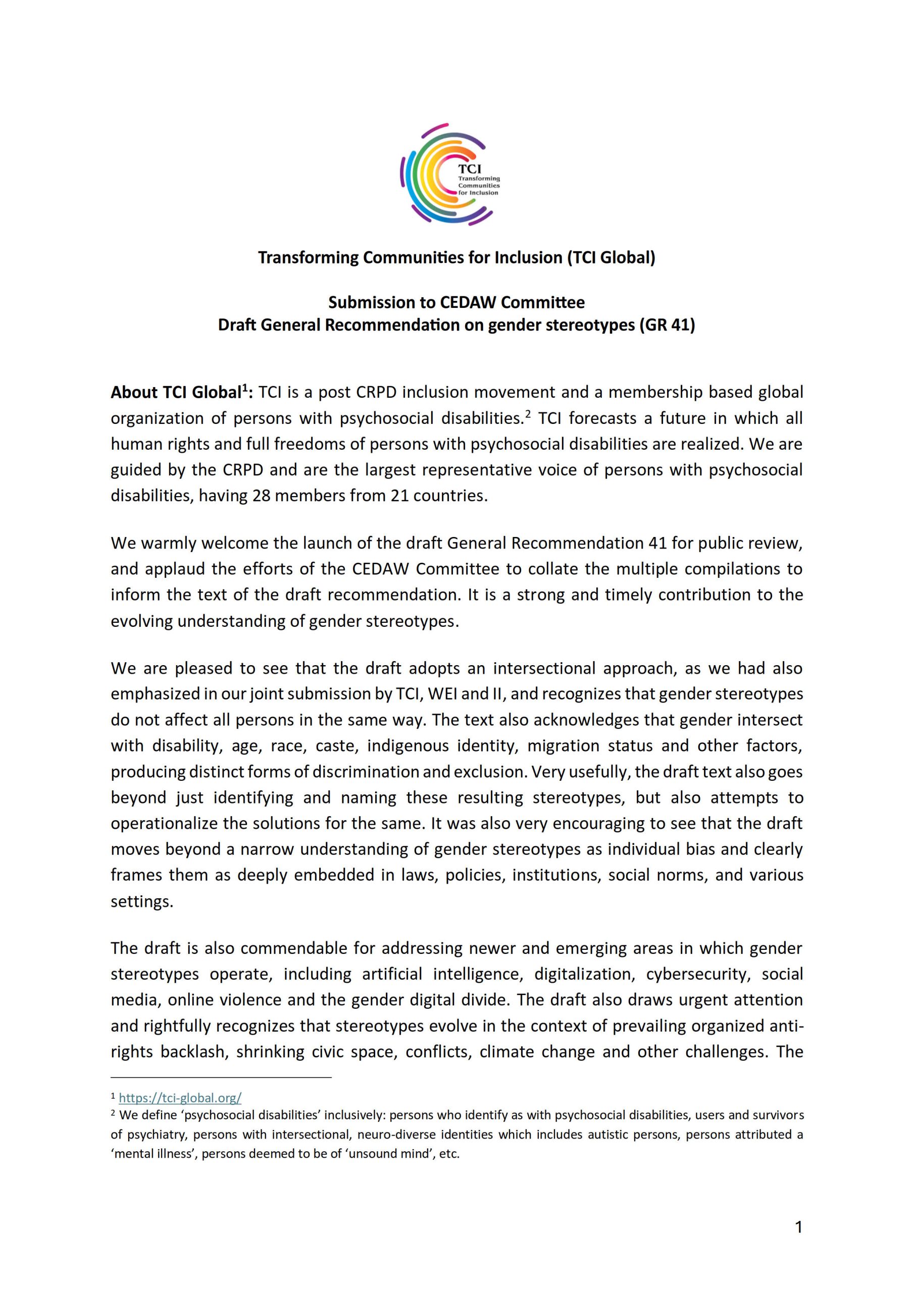 Submission to CEDAW Committee Draft General Recommendation on gender stereotypes (GR 41)
