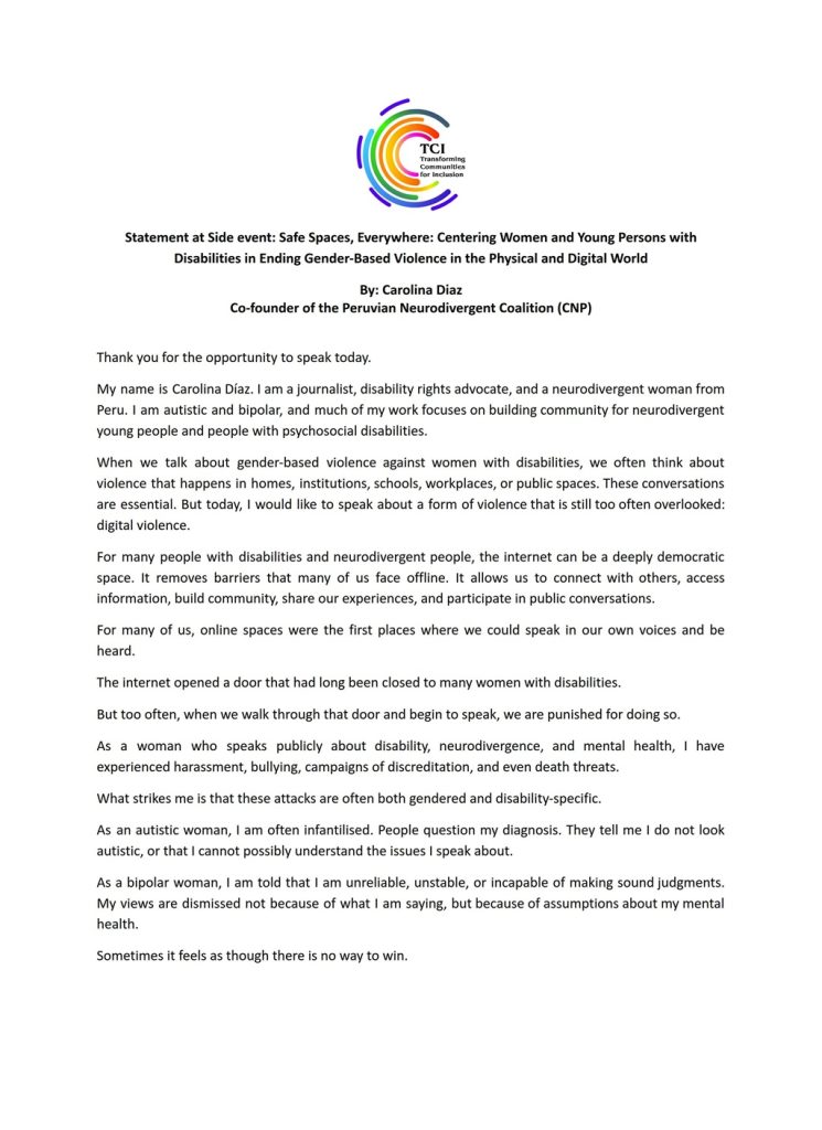 Statement by Carolina Diaz-Safe Spaces, Everywhere- COSP 19