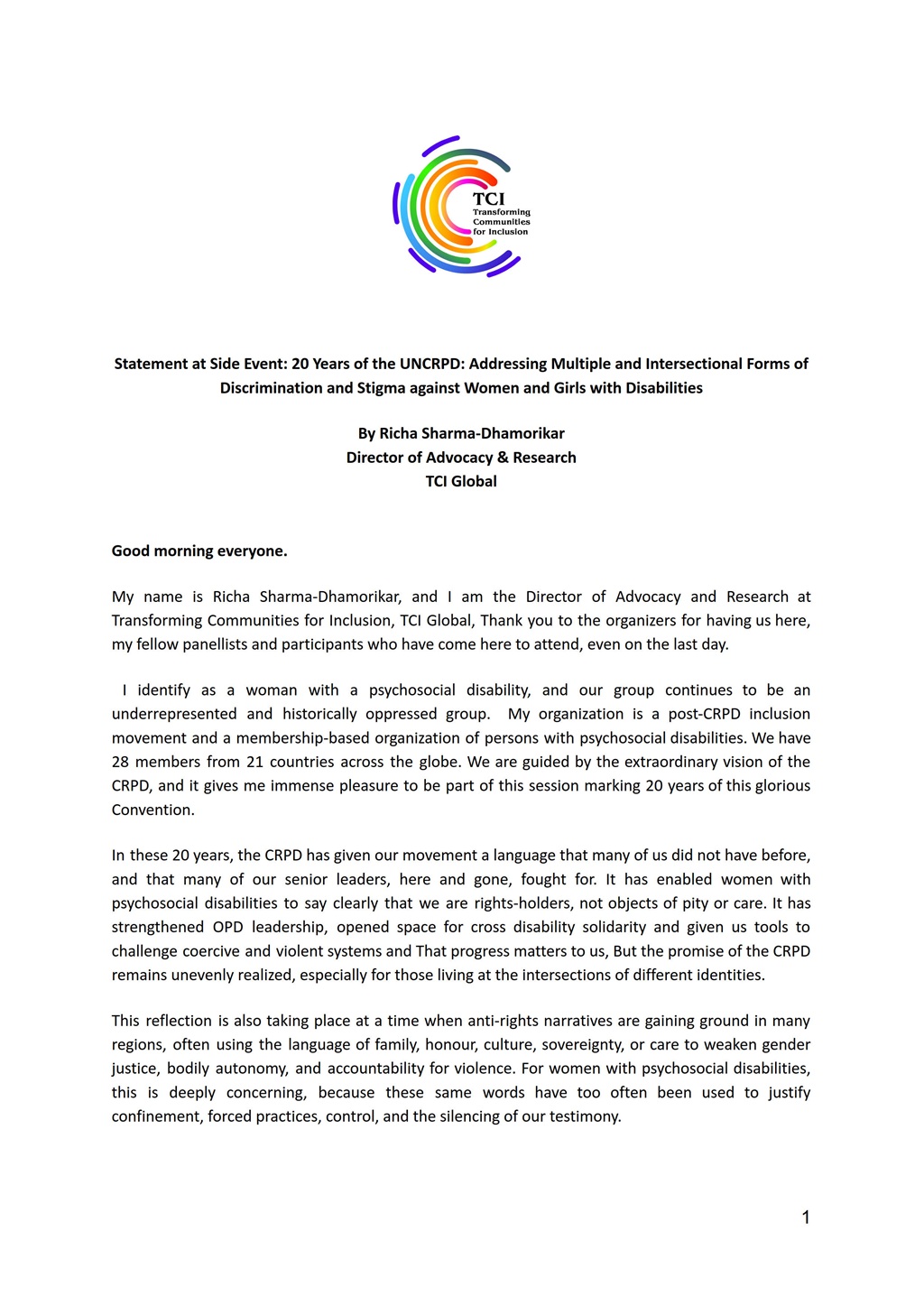 Statement by Richa- 20 Years of UNCRPD- COSP 19