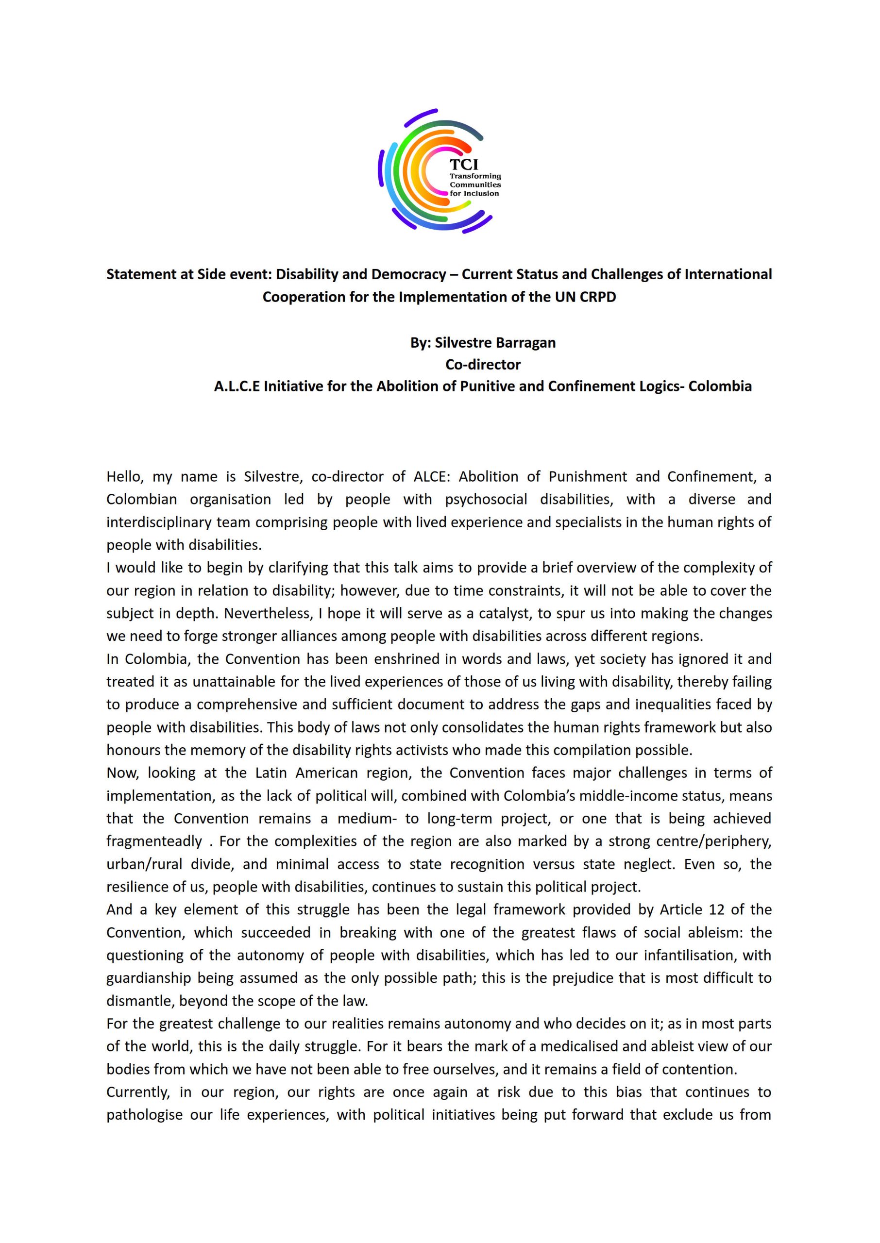 Statement by Silvestre-Disability and Democracy- COSP 19