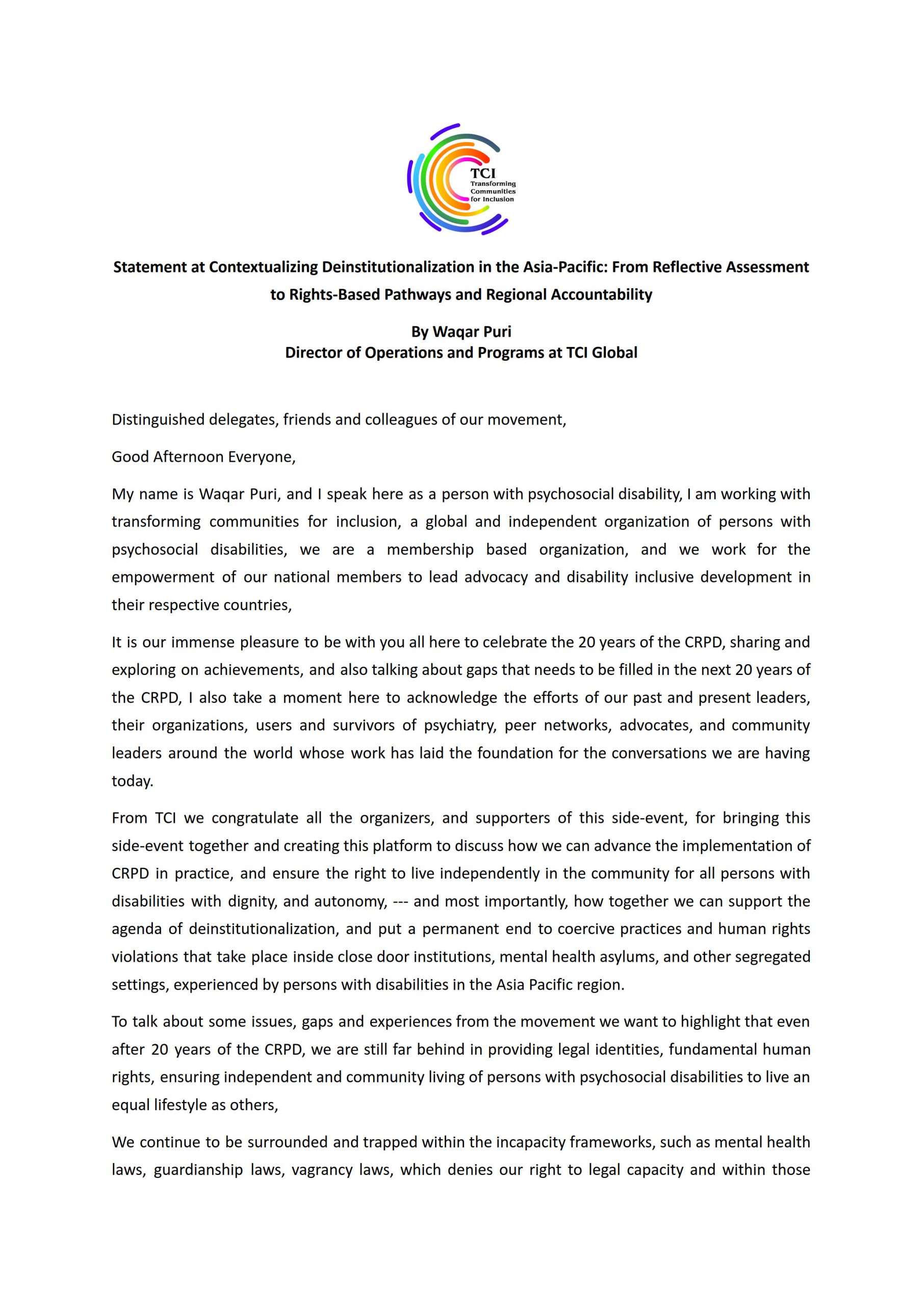 Statement by Waqar- Contextualizing Deinstitutionalization in the Asia-Pacific- COSP 19